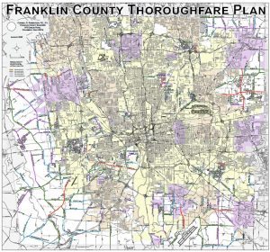 Map titled “Franklin County Thoroughfare Plan” showing streets, roads, and thoroughfares in Franklin County, with various colored lines indicating future, proposed, and improved roadways. Legend and scale are included.