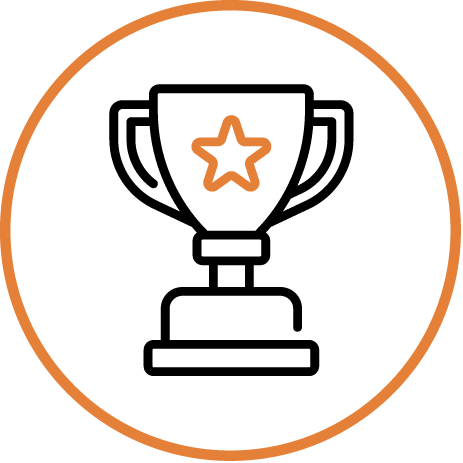 A simple line drawing of a trophy with a star in the center, outlined in black and orange, enclosed within an orange circle.