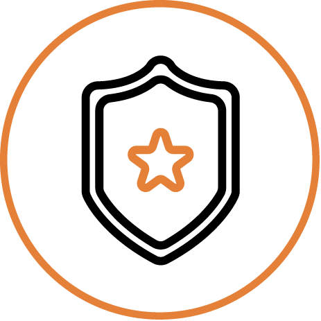 A black and orange shield outline with a five-pointed star in the center, all enclosed within an orange circular border.