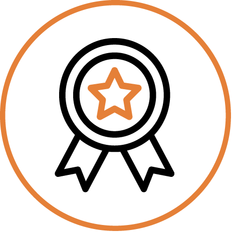 A black and orange icon of an award ribbon with a star in the center, enclosed in an orange circle.