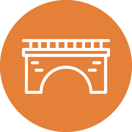 A white line drawing of a bridge with an arched center and a fence-like railing, displayed on an orange circular background.