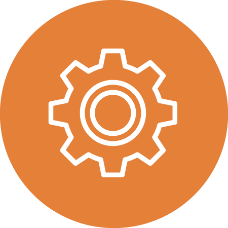 A white gear icon is centered on an orange circular background. The gear is outlined and simple, symbolizing settings or mechanical functions.