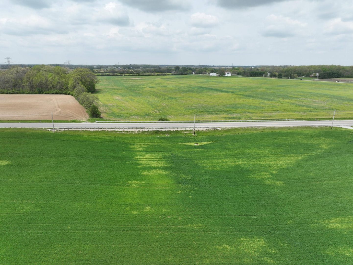 Aerial view of a rural landscape with green fields, a two-lane road running horizontally, patches of brown soil, clusters of trees on the left, and a cloudy sky above.