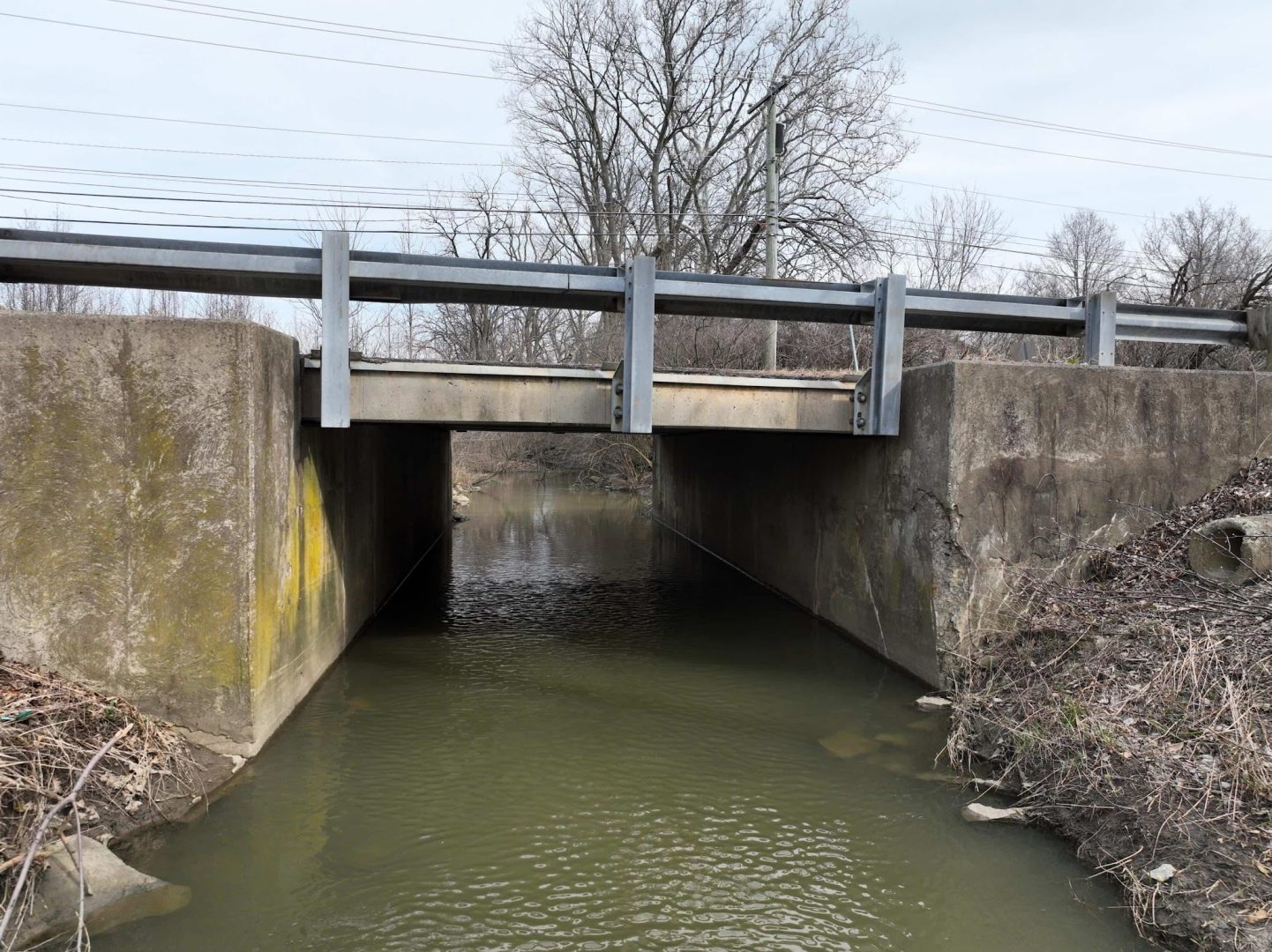 A small concrete bridge with metal railings crosses over a narrow creek. Leafless trees and sparse vegetation surround the area, and the sky is overcast. A small concrete bridge with metal railings crosses over a narrow creek. Leafless trees and sparse vegetation surround the area, and the sky is overcast.