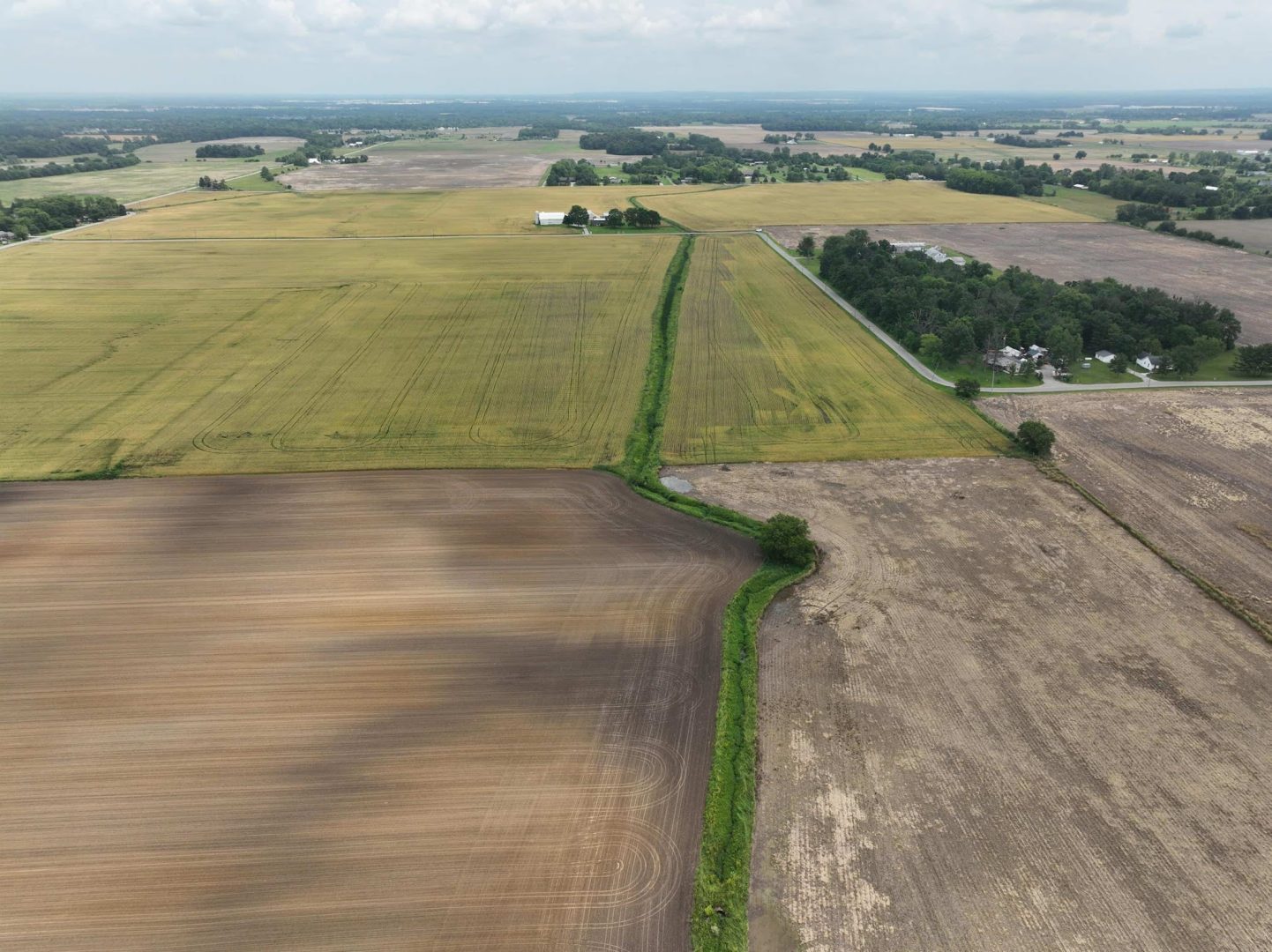 Aerial view of expansive farmland with green, brown, and yellow fields separated by tree lines, small farm buildings, and a distant road under a partly cloudy sky. Aerial view of expansive farmland with green, brown, and yellow fields separated by tree lines, small farm buildings, and a distant road under a partly cloudy sky.