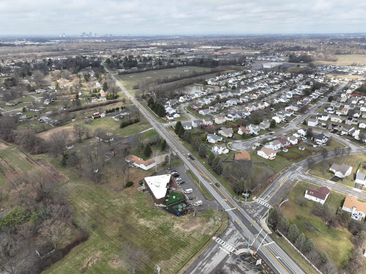Aerial view of a suburban neighborhood with rows of houses, intersecting roads, open grassy areas, scattered trees, and a playground near a street corner; city skyline visible on the horizon under cloudy skies.
