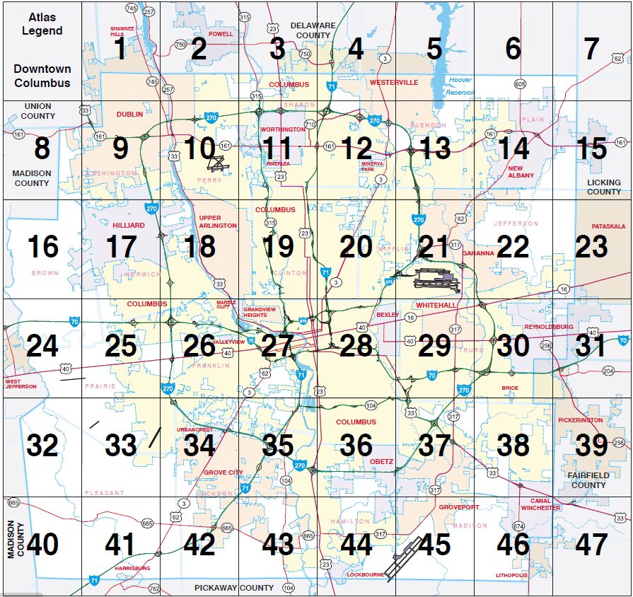 A map of Columbus, Ohio, divided into a 7x7 numbered grid. Major highways, neighborhoods, and counties are labeled, and downtown Columbus is marked in grid 28. Surrounding counties and cities are also shown.