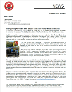 Screenshot of a news release announcing the 2025 Franklin County Map and Atlas, with county and engineer’s office logos, contact information for Carla Wohlford, and text detailing the new map’s features and updates.