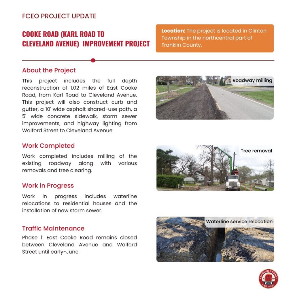Project update flyer for Cooke Road Improvement Project in Clinton Township, showing photos of roadway milling, tree removal, and waterline service relocation, with text describing project details and status updates.