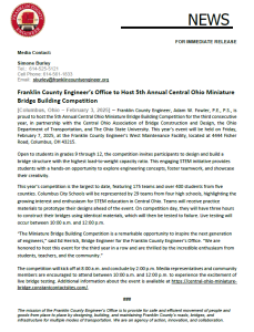 Press release announcing the Franklin County Engineer’s Office will host the 5th Annual Central Ohio Miniature Bridge Building Competition for students in grades 6–12 on February 7, 2015, with event details and contact information.
