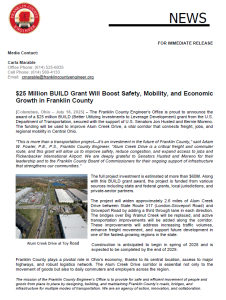 A press release announces a $25 million BUILD grant for safety, mobility, and economic growth in Franklin County. Includes contact info, a project description, and an aerial image of Alum Creek Drive with highlighted construction areas.