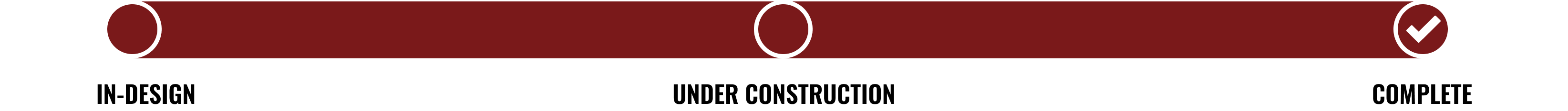 A maroon progress bar with three stages: IN DESIGN, UNDER CONSTRUCTION, and COMPLETE. Only the COMPLETE stage has a checkmark, indicating completion.