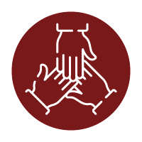 Three hands overlapping in a triangle shape, outlined in white on a maroon circular background, symbolizing teamwork and collaboration.