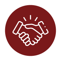 White outline of two hands shaking, surrounded by a maroon circle, symbolizing agreement, partnership, or cooperation.