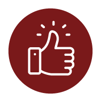 White outline of a hand giving a thumbs up, with radiating lines above the thumb, centered on a maroon circular background with a white border.