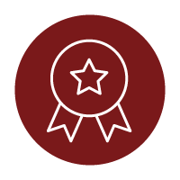 A white outline of an award ribbon with a star in the center, displayed on a dark red circular background.
