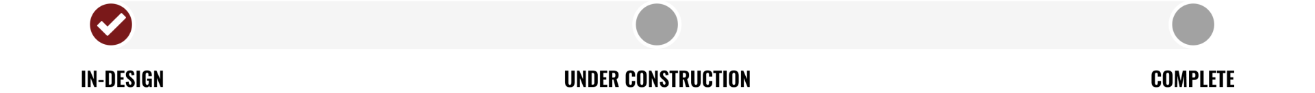 A progress tracker with three stages: IN DESIGN (highlighted in red with a check mark), UNDER CONSTRUCTION (greyed out), and COMPLETE (greyed out).