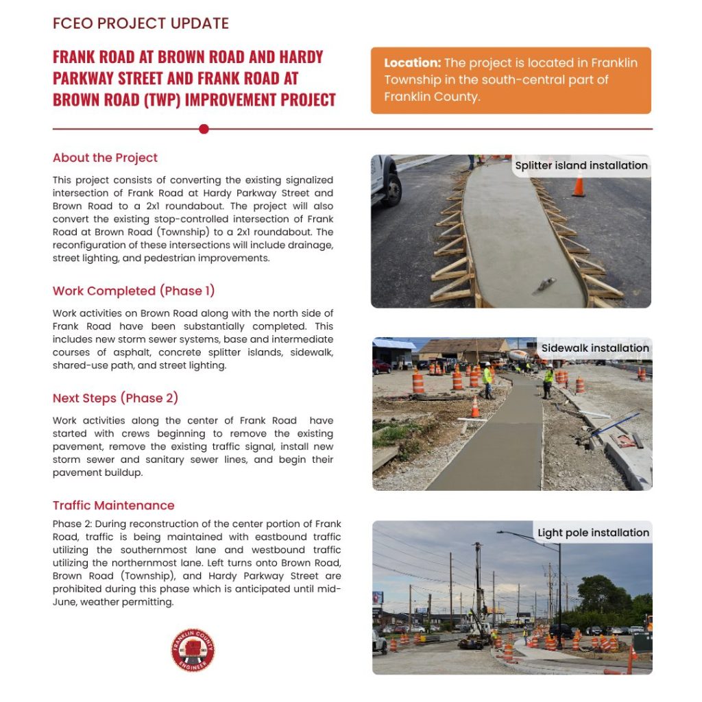 Project update flyer for Frank Road at Brown Road and Hardy Parkway Street, with sections on project info, completed work, next steps, traffic maintenance, and images of splitter island, sidewalk, and light pole installations.