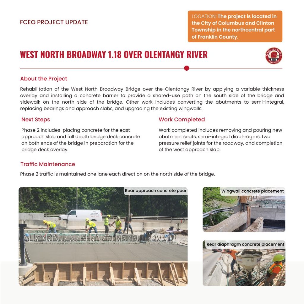 Informational flyer about the West North Broadway bridge project over the Olentangy River, detailing the project scope, construction steps, timeline, and photos showing various stages of bridge construction.