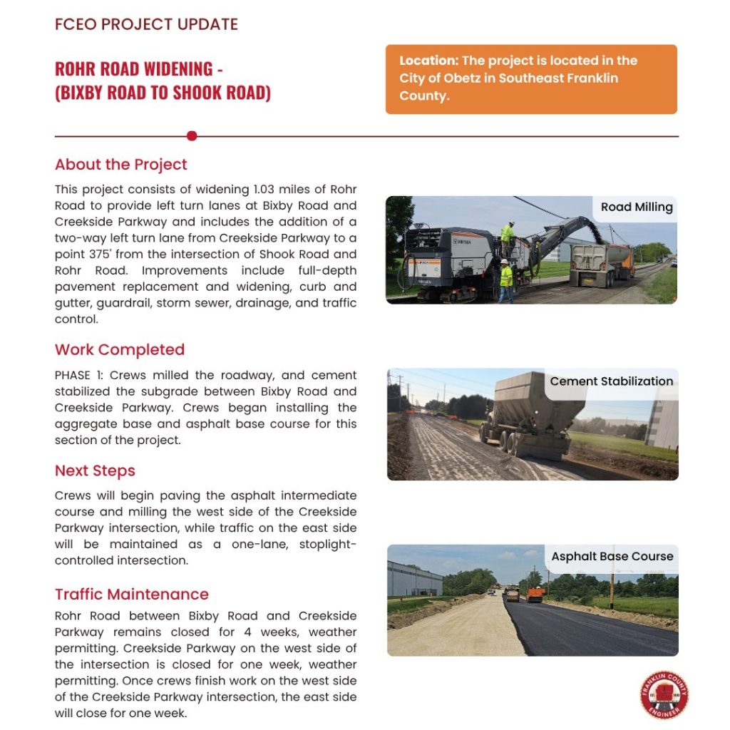 A project update flyer describes the Rohr Road widening project in Obezt, Southeast Franklin County, with sections on project details, completed work, next steps, and traffic info, plus small construction photos.