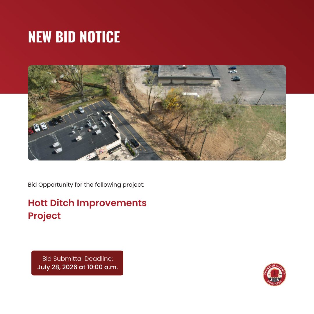 Aerial view of a parking lot and a ditch with trees beside it. Text reads Hott Ditch Improvements Project and notes a bid deadline of July 28, 2026, at 10:00 a.m. Red and white layout with city seal.