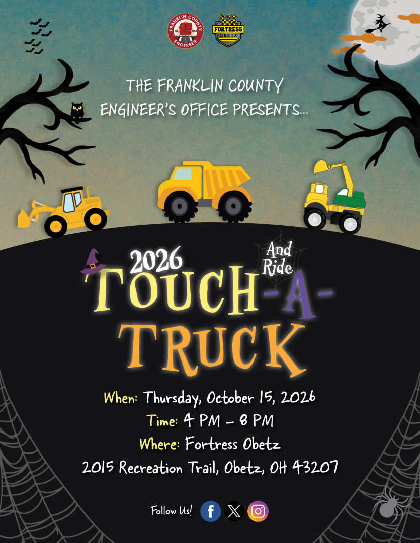 Colorful illustrated flyer for 2026 Touch-A-Truck and Ride event, featuring construction vehicles, Halloween decorations, date/time, location, and social media icons. Black background with spiderweb and bats.
