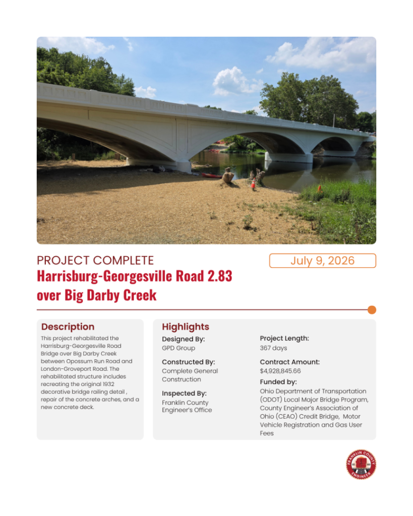 A newly completed bridge spans over Big Darby Creek, with vehicles crossing above and a person fishing below. The bridge features white arches and railings, surrounded by green trees and blue water.