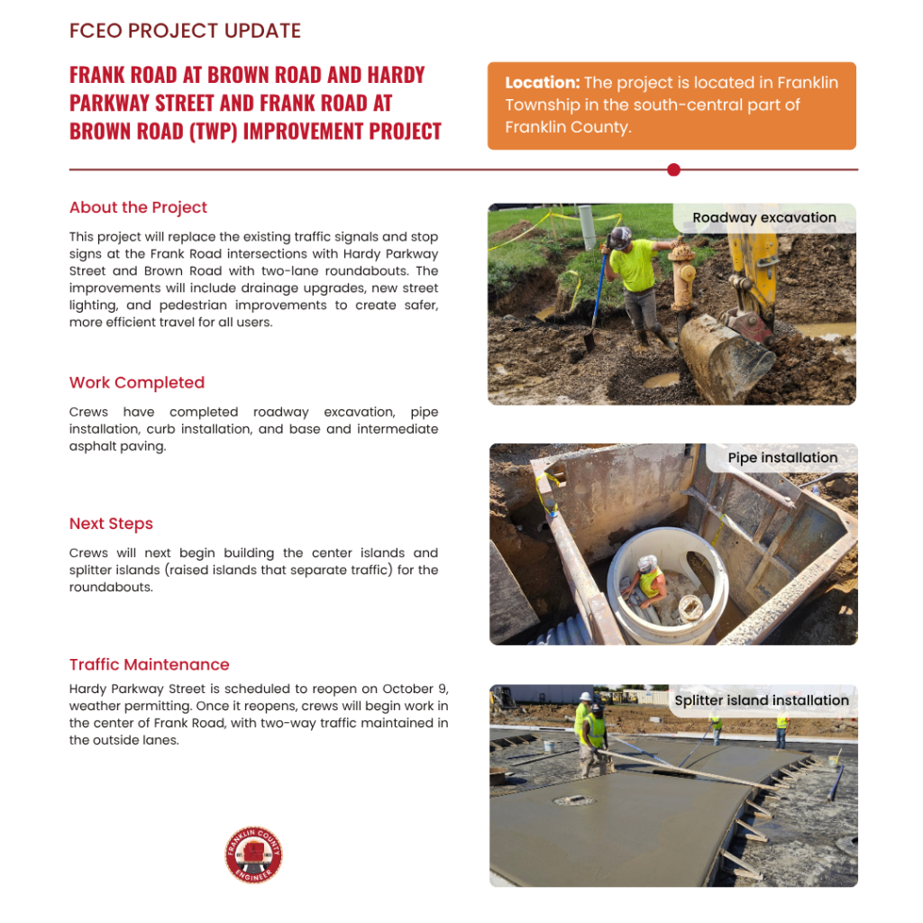 Project update infographic for the Frank Road improvement project, showing construction photos of excavation, pipe installation, and concrete pouring, alongside project status details and location information for Franklin County.