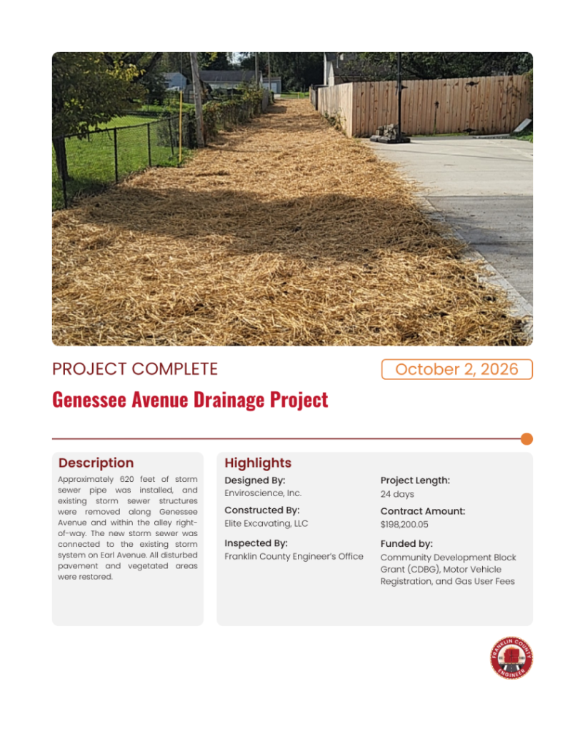A project summary for the Genessee Avenue Drainage Project, featuring a photo of a straw-covered trench along a residential fence and a table of project details including contractors, timeline, and funding.