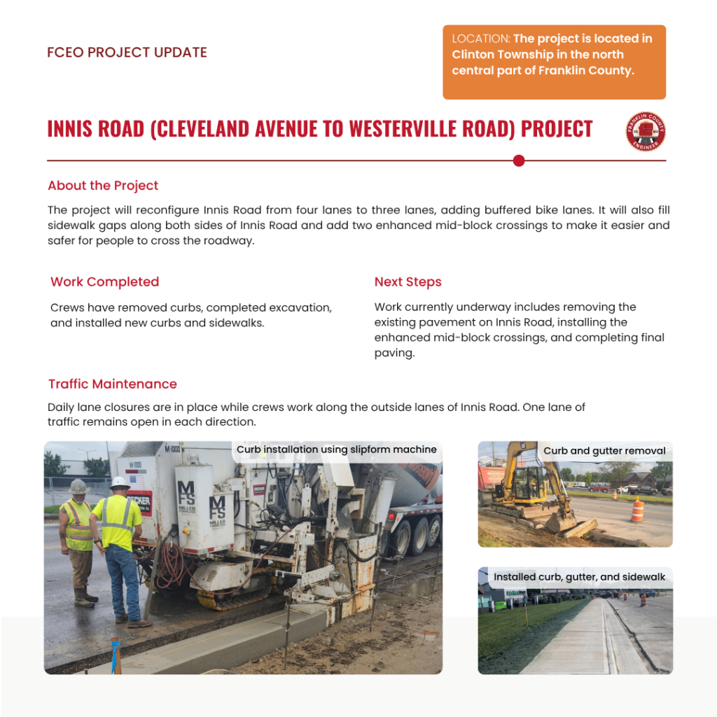 Project update for the Innis Road construction project, featuring a summary of work completed, next steps, traffic maintenance information, and photos showing curb installation and sidewalk removal.