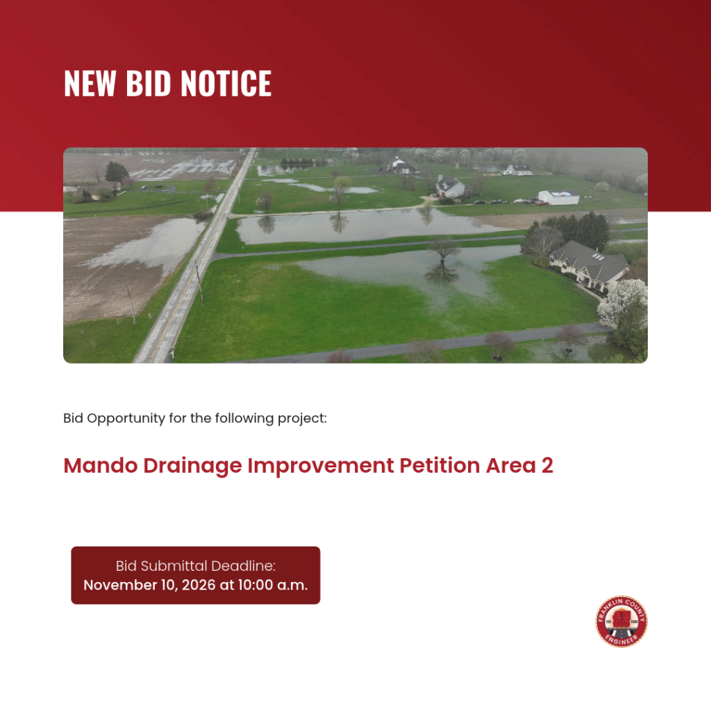 New Bid Notice for Mando Drainage Improvement Petition Area 2, with a bid submittal deadline of November 10, 2026, at 10:00 a.m. and an aerial photo of a flooded field.